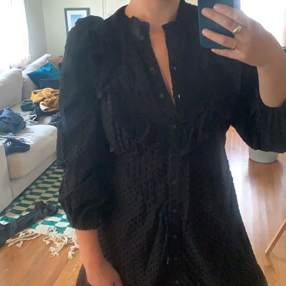 Embroidered Button Up Ruffle Mini Dress - Picture 4 of 6